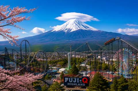 Mount Fuji Towering Over Fuji-Q Highland Roller Coasters