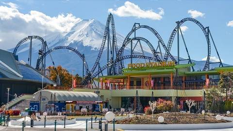 Takabisha Roller Coaster with Mount Fuji Backdrop — Fuji-Q Highland in Fujiyoshida, Yamanashi