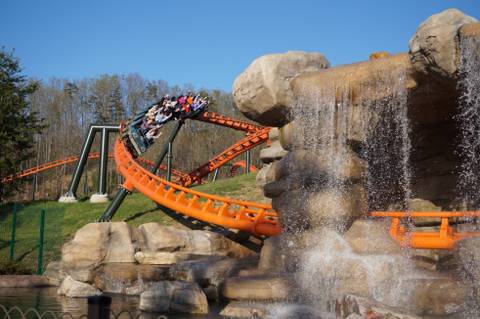 FireChaser Express Roller Coaster by the Waterfall — Dollywood in Pigeon Forge