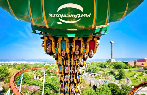 Riders Flipping Upside Down on Dragon Khan — PortAventura Park in Salou, Catalonia