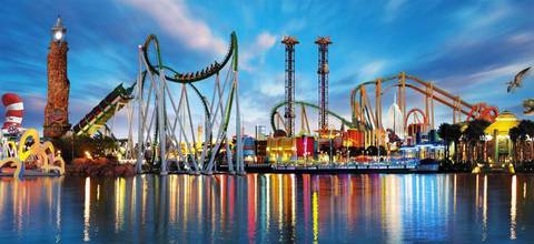 Skyline of Universal's Islands of Adventure at Dusk — PortAventura Park in Salou, Catalonia
