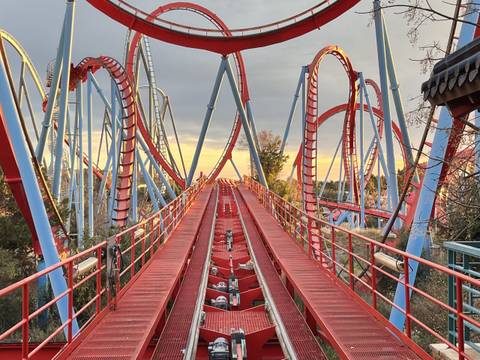 Twisting Red Loops of Dragon Khan — PortAventura Park in Salou, Catalonia