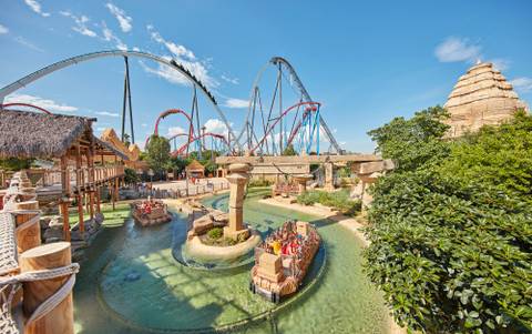 Angkor Water Ride Overlooked by Shambhala — PortAventura Park in Salou, Catalonia