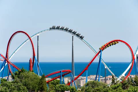 Shambhala and Dragon Khan Coasters Above the Mediterranean — PortAventura Park in Salou, Catalonia