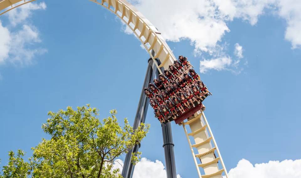 Hero, below the introduction — A wide view of the verified leader showing several distinct coaster structures; caption identifies only rides confirmed in the frame