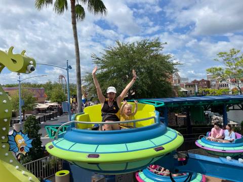 Riders on Kang & Kodos' Twirl 'n' Hurl — Universal Studios Florida in Orlando, Florida