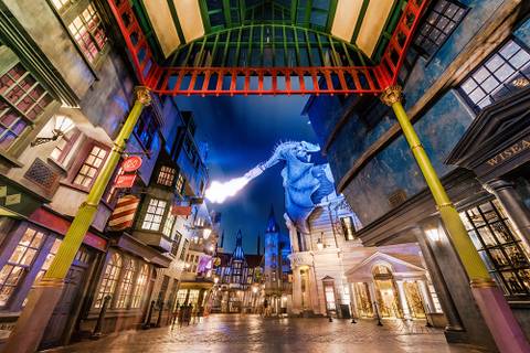 Fire-Breathing Dragon Over Diagon Alley at Night — Universal Studios Florida in Orlando, Florida