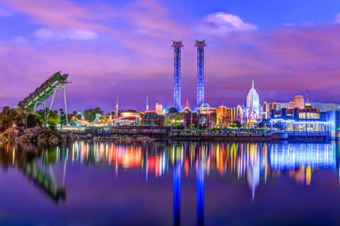 Marvel Super Hero Island Reflected Across the Lagoon — Universal Islands of Adventure in Orlando, Florida