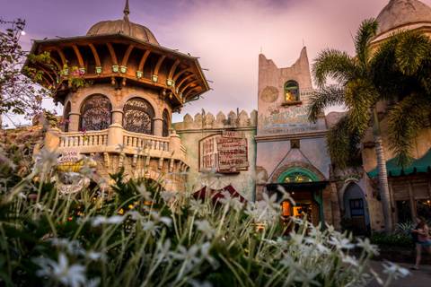 Port of Entry Architecture at Dusk — Universal Islands of Adventure in Orlando, Florida