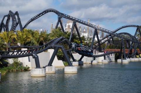 Jurassic World VelociCoaster Racing Over the Lagoon — Universal Islands of Adventure in Orlando, Florida