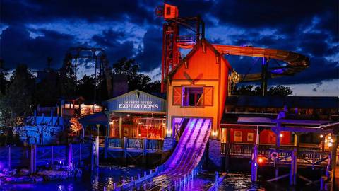 Mystic River Falls Illuminated at Night — Silver Dollar City in Branson, Missouri