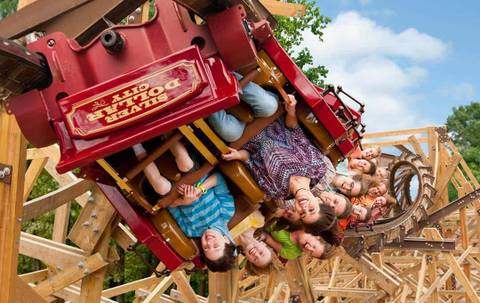 Riders Inverting on Outlaw Run Wooden Coaster — Silver Dollar City in Branson, Missouri