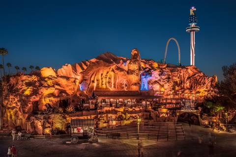Calico Mine Ride Glowing at Night — Knott's Berry Farm in Buena Park, California