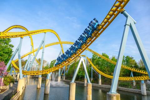 Skyrush Roller Coaster Soaring Over Spring Creek — Hersheypark in Hershey, Pennsylvania