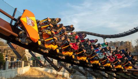 Riders Banking Along the Candymonium Hypercoaster — Hersheypark in Hershey, Pennsylvania