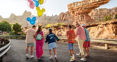 Guests Strolling Through Cars Land at Ornament Valley — Disney California Adventure in Anaheim, California