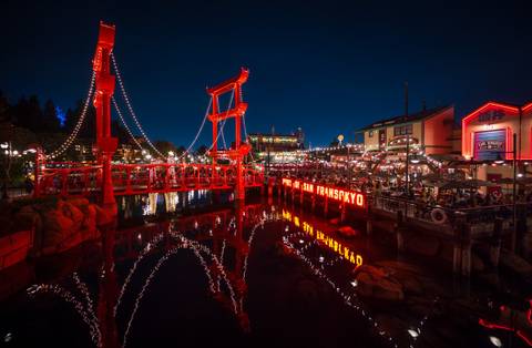 San Fransokyo Gate Bridge and Waterfront at Night — Disney California Adventure in Anaheim, California