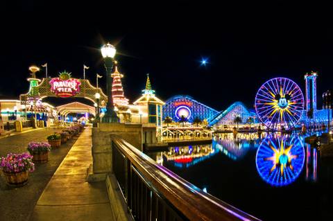 Paradise Pier and Mickey's Fun Wheel at Night — Disney California Adventure in Anaheim, California