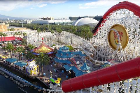 Aerial View of Pixar Pier and the Incredicoaster — Disney California Adventure in Anaheim, California