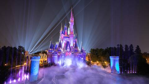 Cinderella Castle Lit Up for a Nighttime Spectacular — Tokyo Disneyland in Urayasu, Chiba