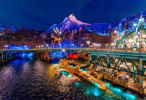Illuminated Mysterious Island and Mount Prometheus at Night — Tokyo Disneyland in Urayasu, Chiba