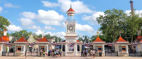 Main Entrance Clock Tower and Gates — Six Flags Great Adventure in Jackson