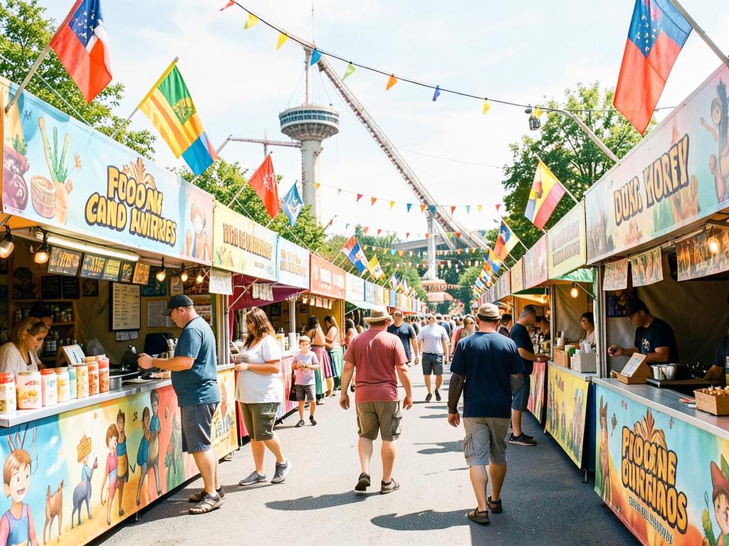 Decorated food festival stalls and visitors strolling through a theme park
