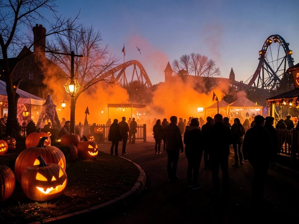 Glowing carved pumpkins and fog in a theme park Halloween scare zone at dusk