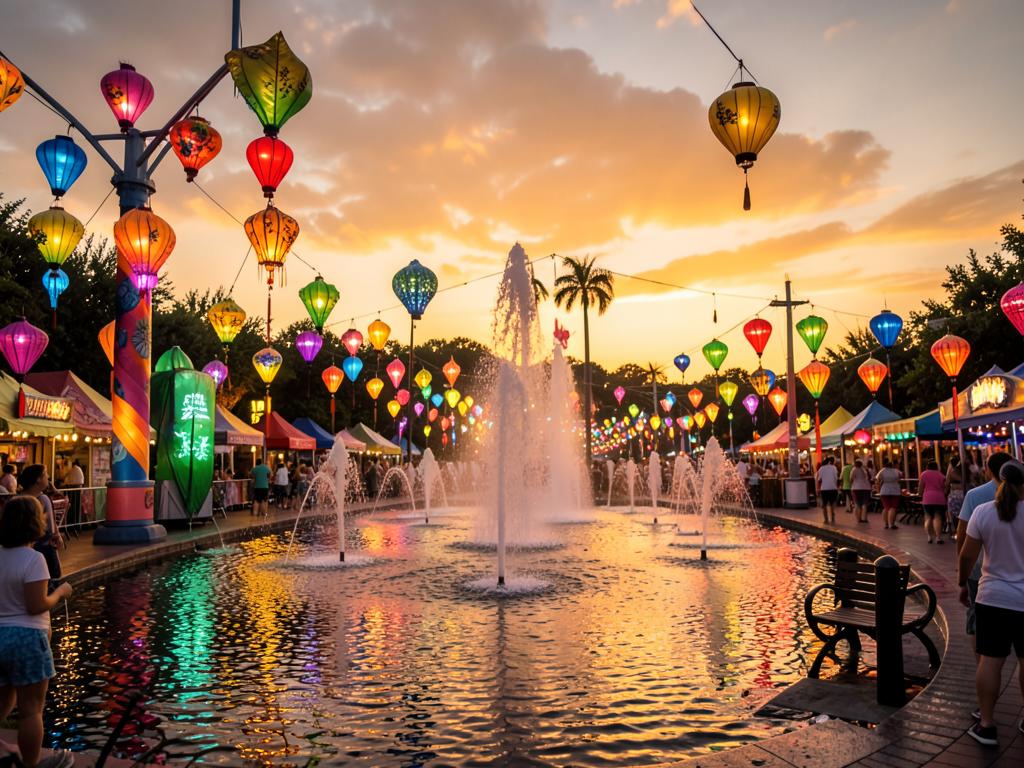 Colourful lanterns and illuminated fountains at a theme park summer light festival