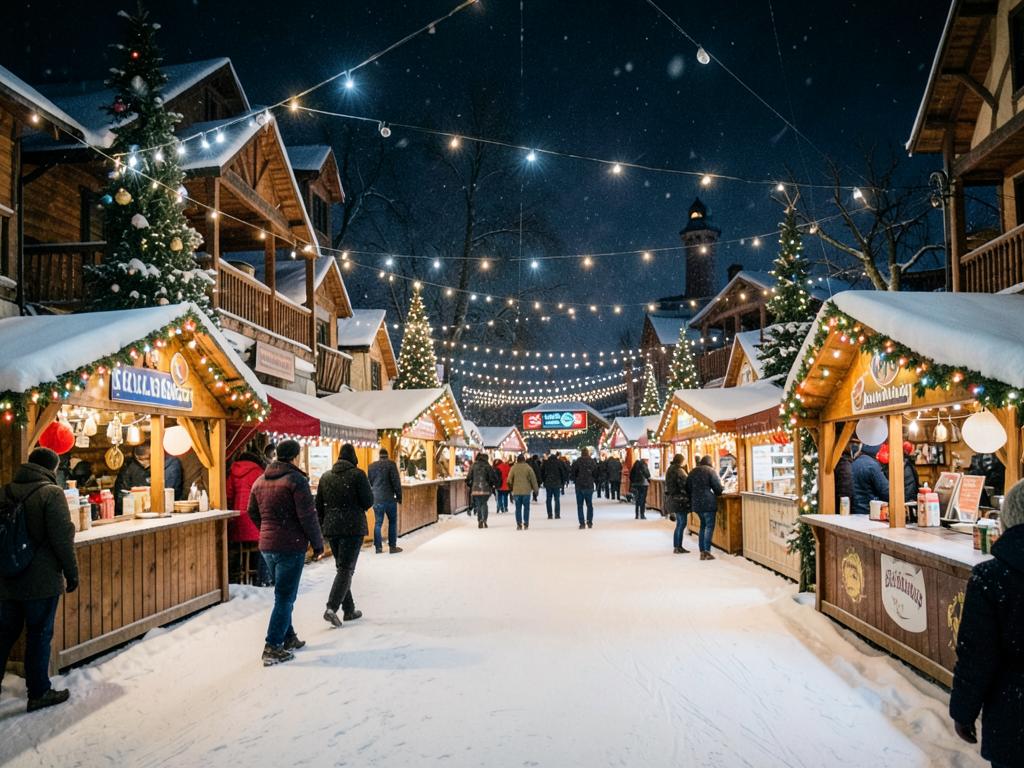 Snow-covered Christmas market stalls and string lights inside a theme park at night